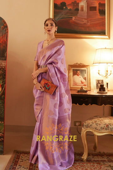 Lilac Purple Copper Zari Handloom Weaving Banarasi Silk Saree