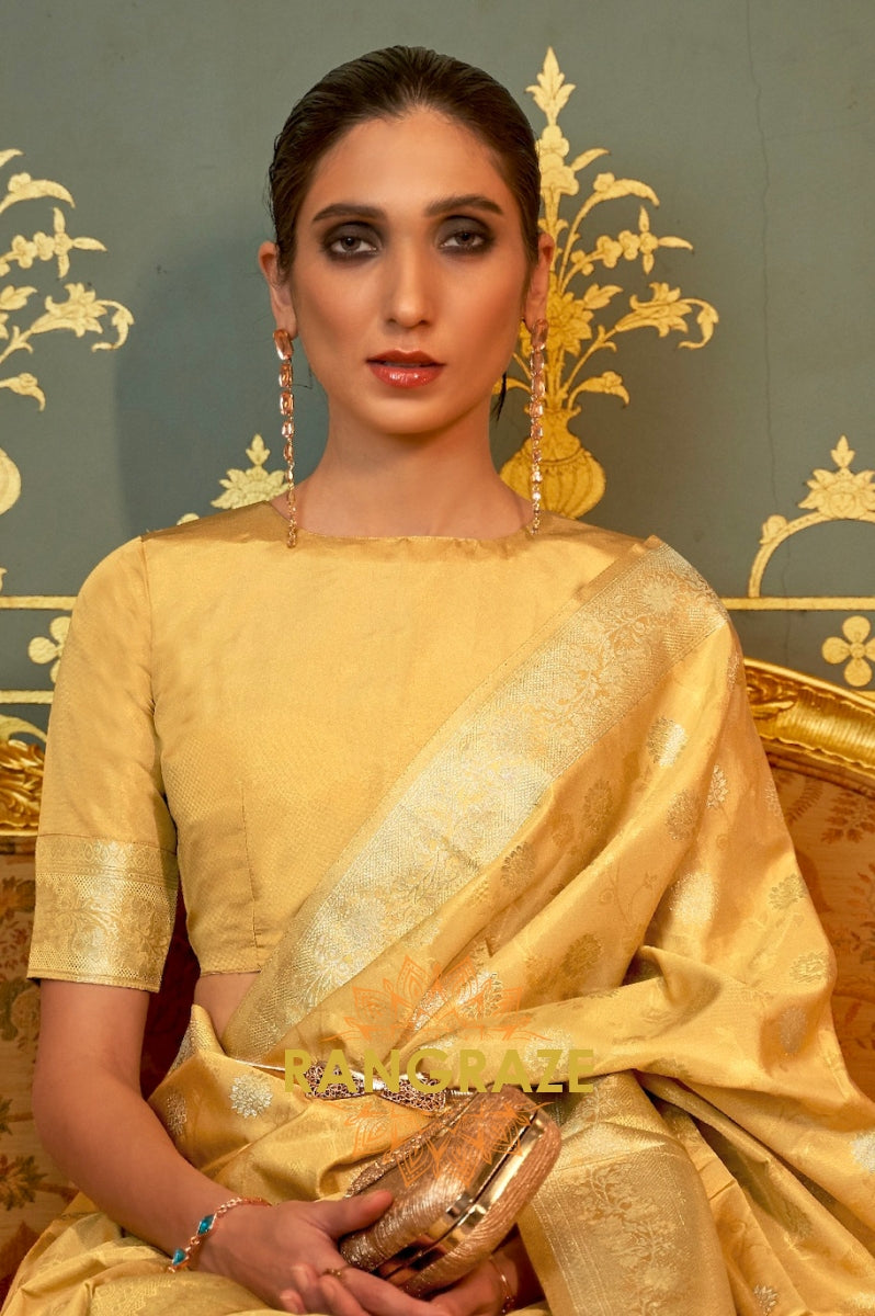 Golden Yellow Woven Banarasi Brocade Silk Saree