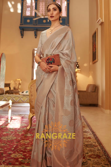 Golden Beige Copper Zari Handloom Weaving Banarasi Silk Saree