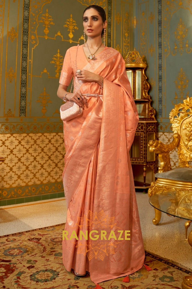 Regal Peach Woven Banarasi Brocade Silk Saree