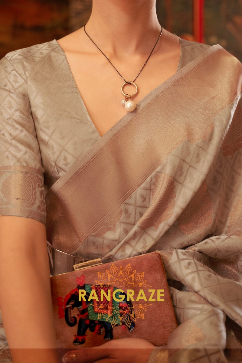 Golden Beige Copper Zari Handloom Weaving Banarasi Silk Saree