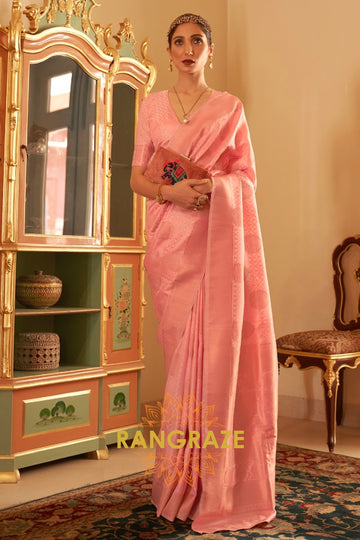 Rose Pink Zari Handloom Weaving Banarasi Silk Saree