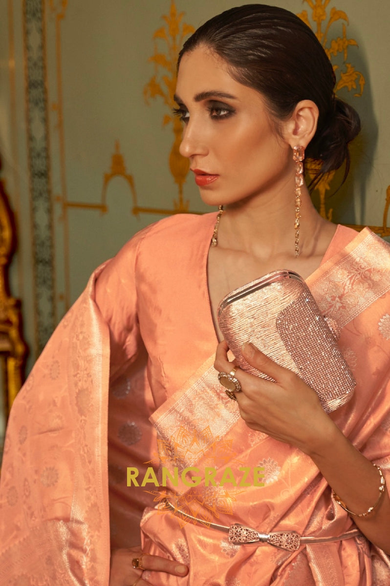 Regal Peach Woven Banarasi Brocade Silk Saree