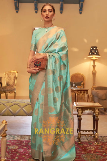 Sea Green Zari Handloom Weaving Banarasi Silk Saree