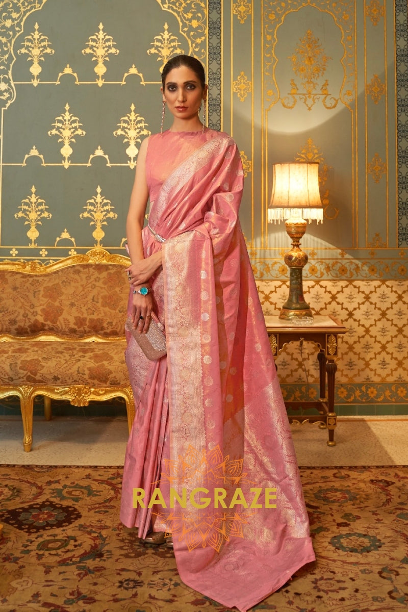 Imperial Golden Pink Woven Banarasi Brocade Silk Saree