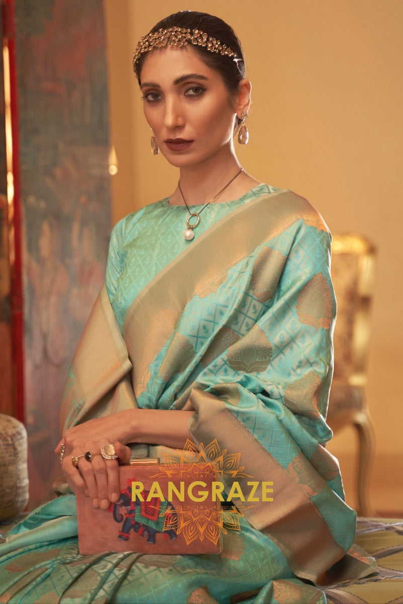 Sea Green Zari Handloom Weaving Banarasi Silk Saree