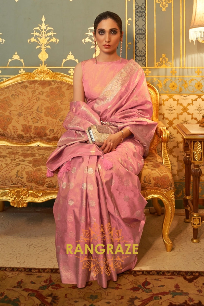 Imperial Golden Pink Woven Banarasi Brocade Silk Saree