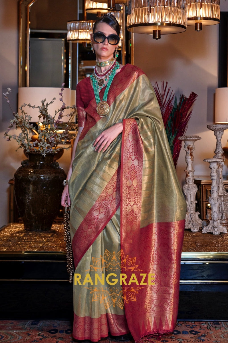 Olive Regal Zari Tissue Silk Saree