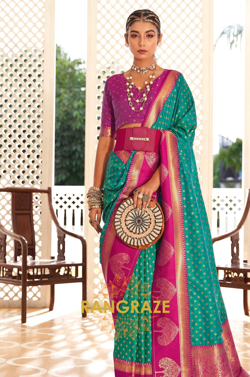 Turquoise and Magenta Zari Woven Banarasi Silk Saree