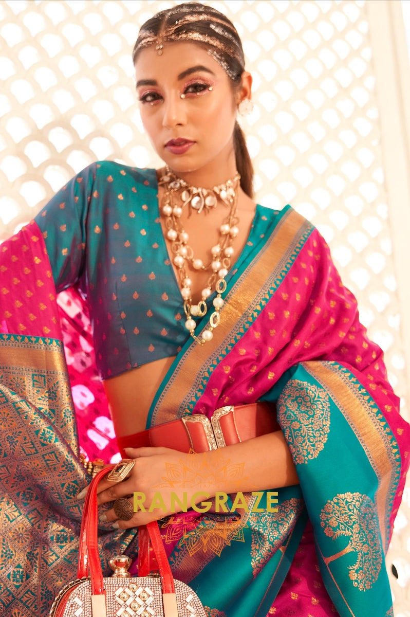 Fuchsia Pink and Teal Zari Woven Banarasi Silk Saree