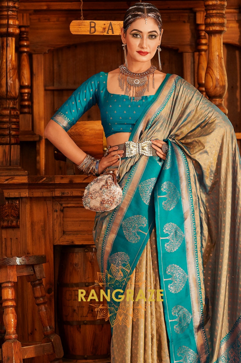 Golden Beige and Teal Zari Woven Banarasi Silk Saree