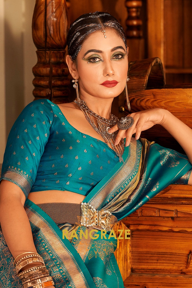 Golden Beige and Teal Zari Woven Banarasi Silk Saree