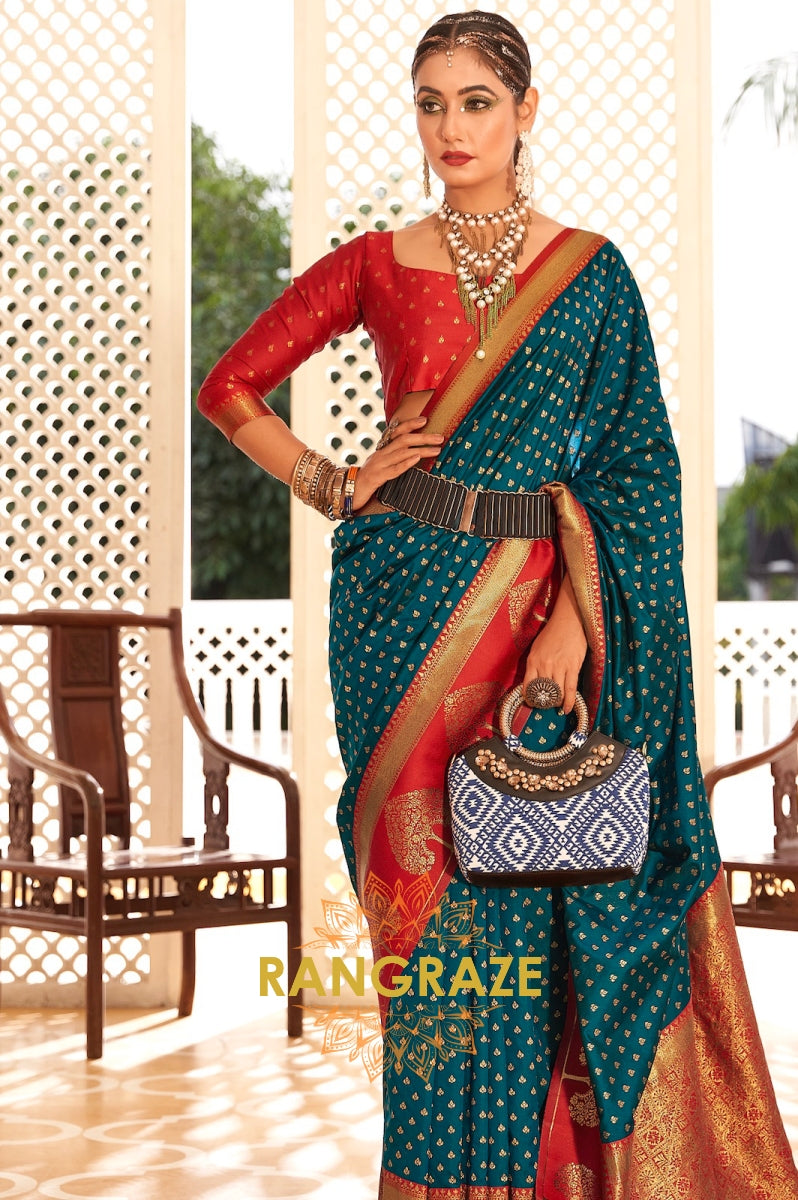 Teal and Red Zari Woven Banarasi Silk Saree