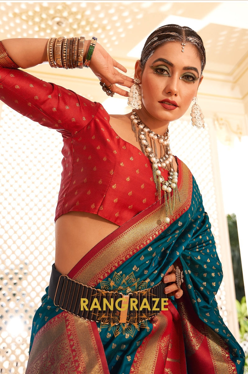 Teal and Red Zari Woven Banarasi Silk Saree