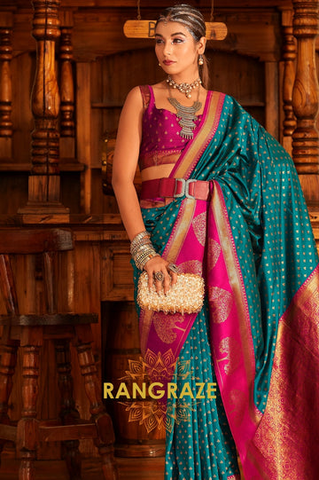 Teal and Magenta Zari Woven Banarasi Silk Saree