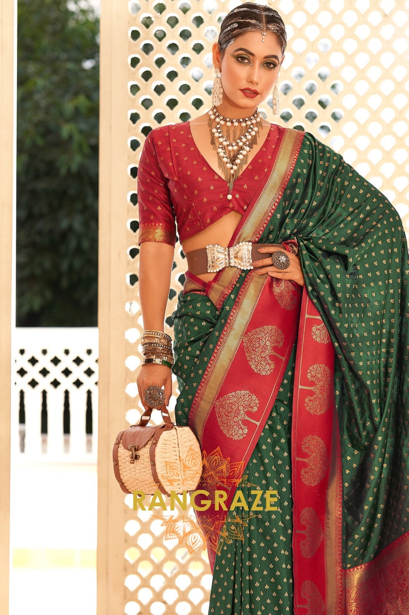 Forest Green and Crimson Red Zari Woven Banarasi Silk Saree