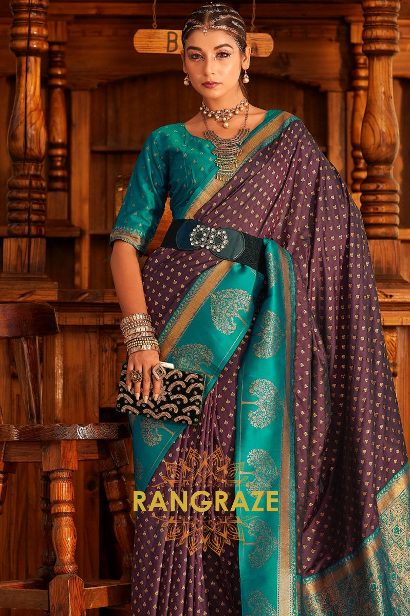 Plum and Teal Zari Woven Banarasi Silk Saree