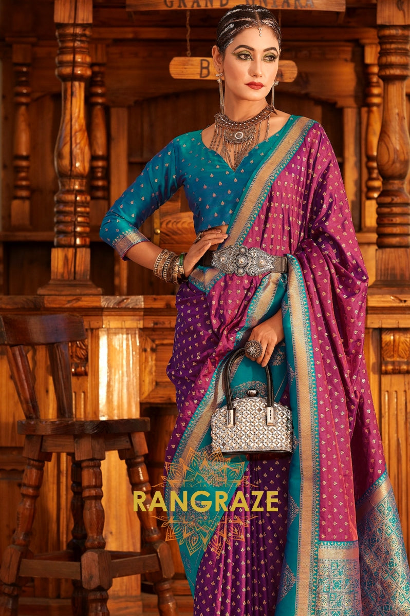 Deep Purple and Teal Zari Woven Banarasi Silk Saree