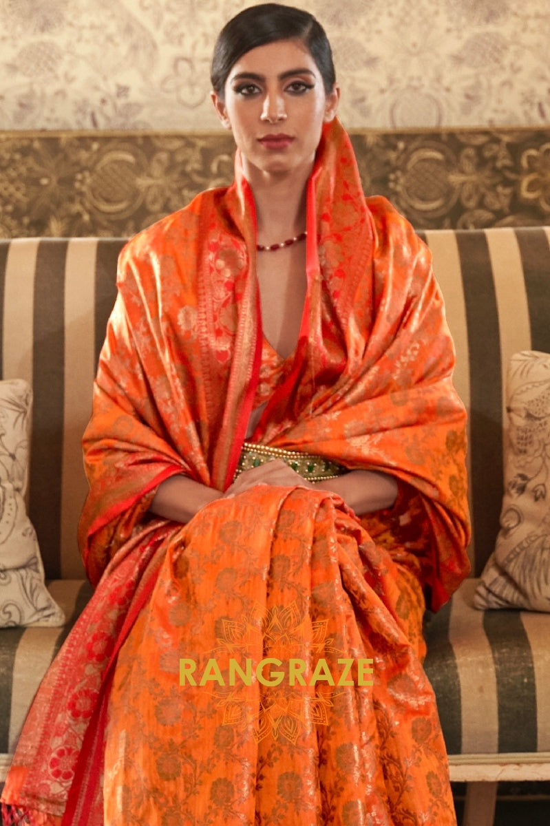 Royal Orange Zari Woven Banarasi Tussar Silk Saree