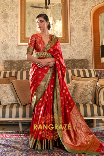 Royal Crimson Red Zari Woven Banarasi Tussar Silk Saree