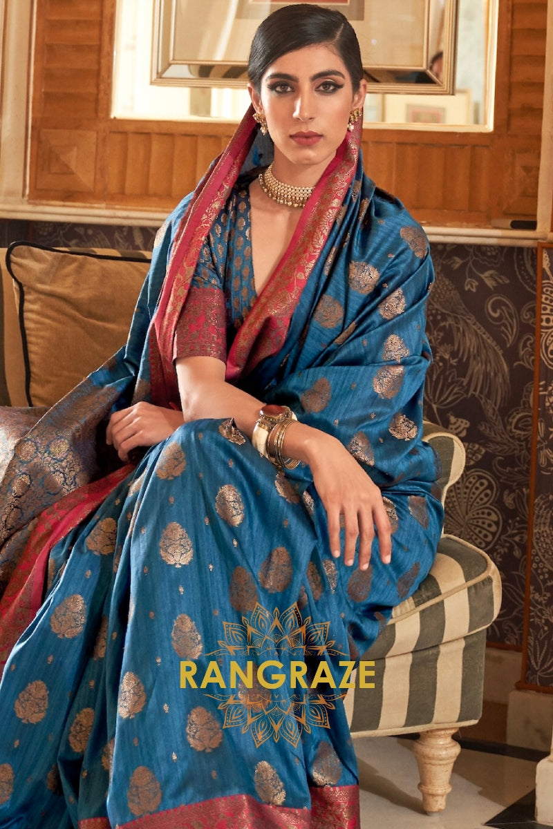 Royal Blue Zari Woven Banarasi Tussar Silk Saree