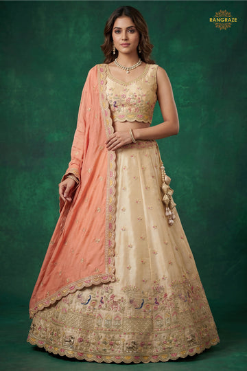 Beige Embroidered Semi-Stitched Tissue Lehenga Set