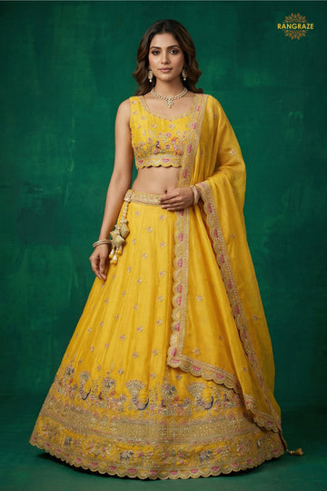 Yellow Embroidered Semi-Stitched Tissue Lehenga Set