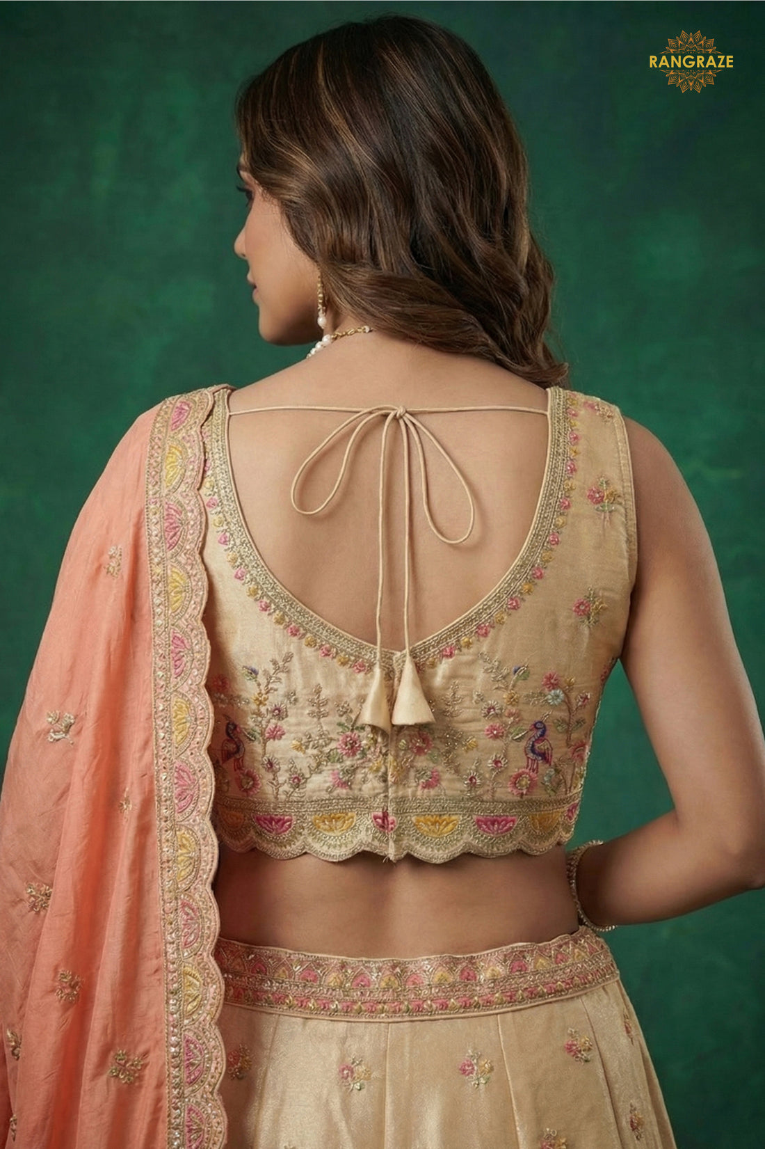 Beige Embroidered Semi-Stitched Tissue Lehenga Set