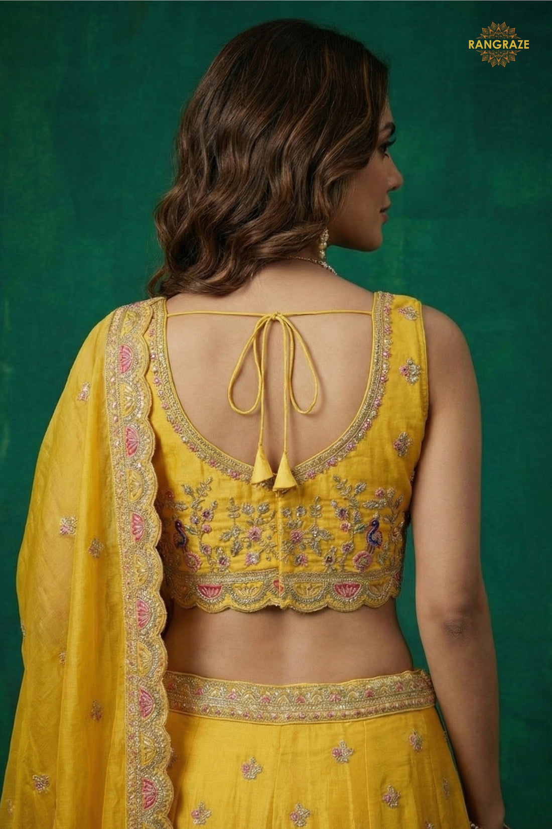 Yellow Embroidered Semi-Stitched Tissue Lehenga Set