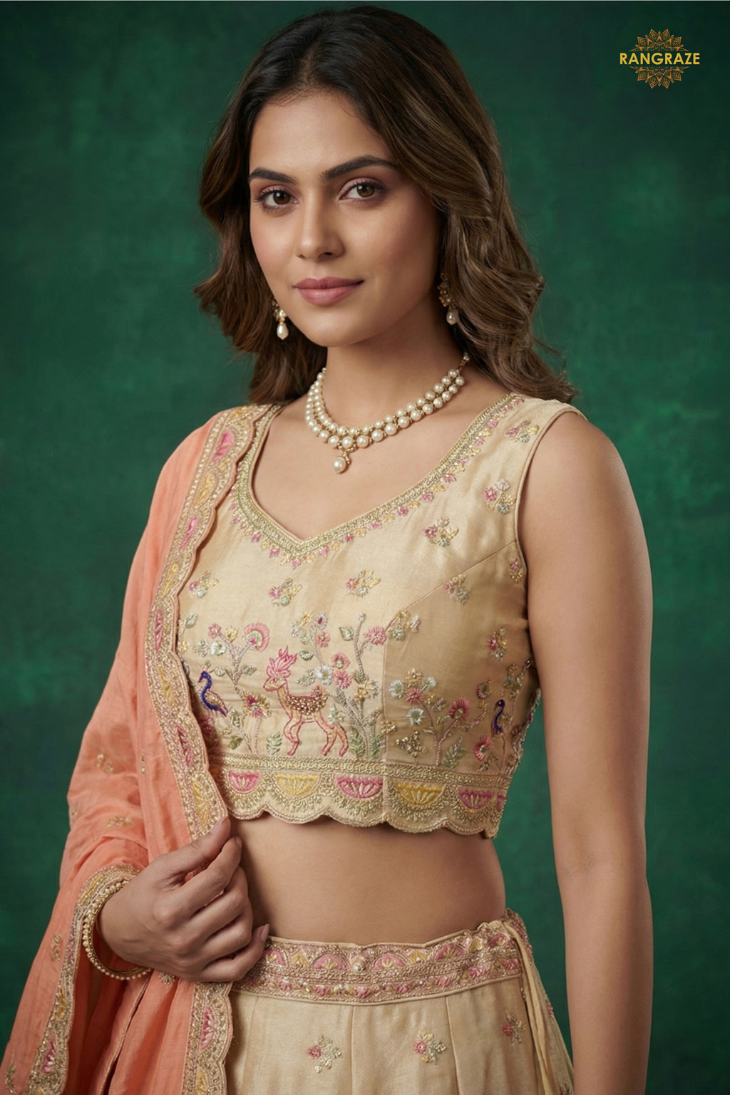 Beige Embroidered Semi-Stitched Tissue Lehenga Set