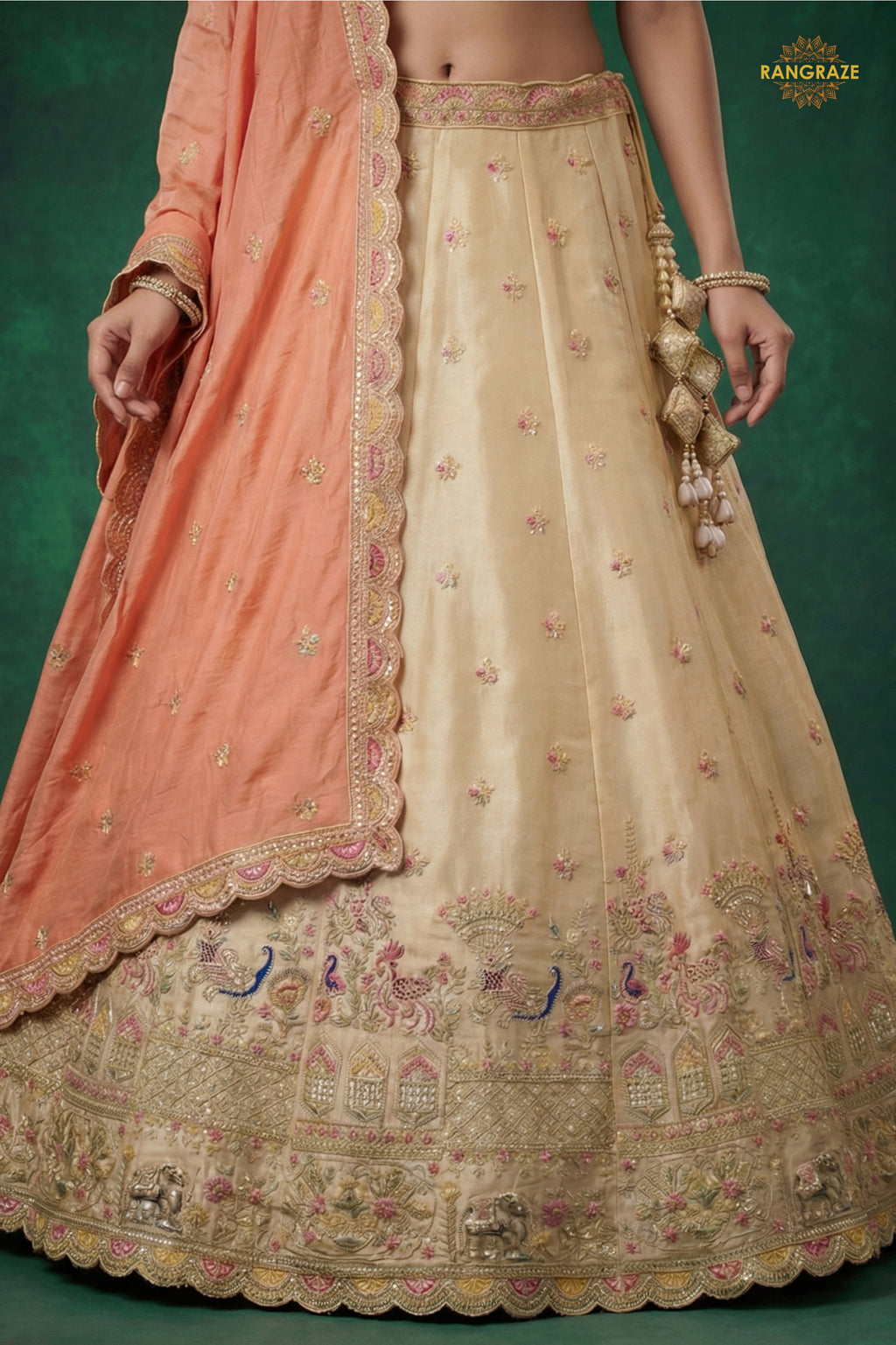 Beige Embroidered Semi-Stitched Tissue Lehenga Set