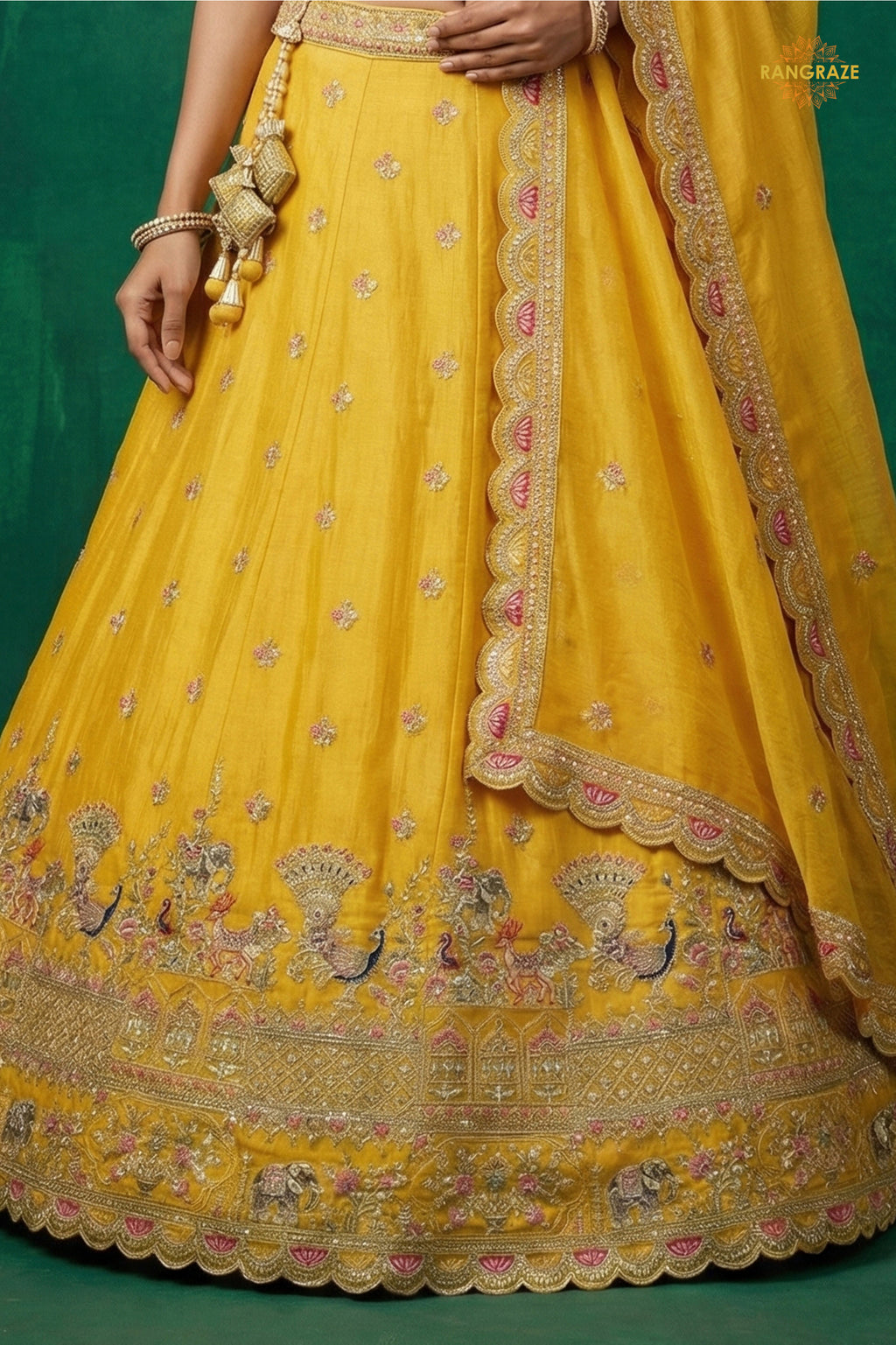 Yellow Embroidered Semi-Stitched Tissue Lehenga Set