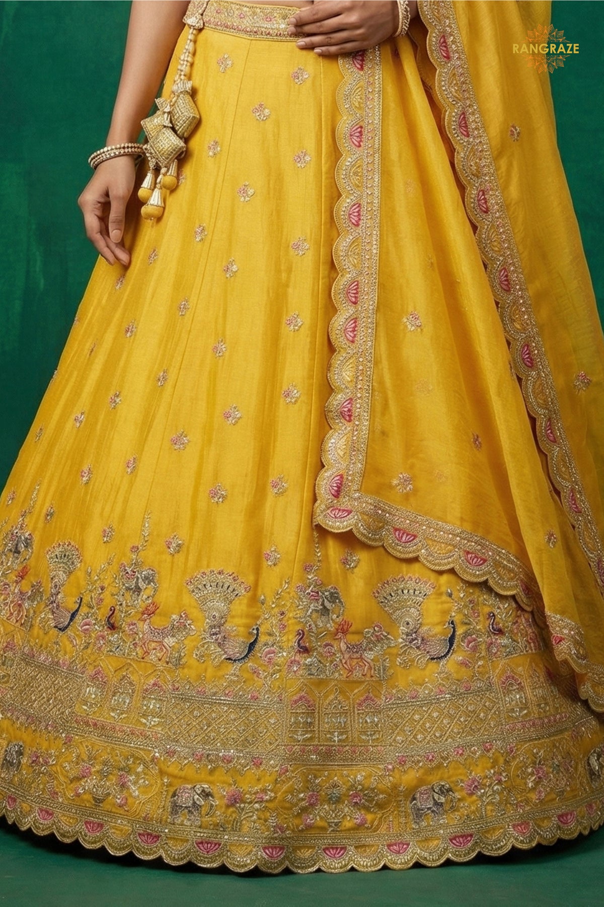 Yellow Embroidered Semi-Stitched Tissue Lehenga Set