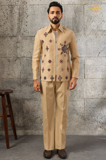 Beige Embroidered Velvet Men Jacket and Pant Set with Mirror Work