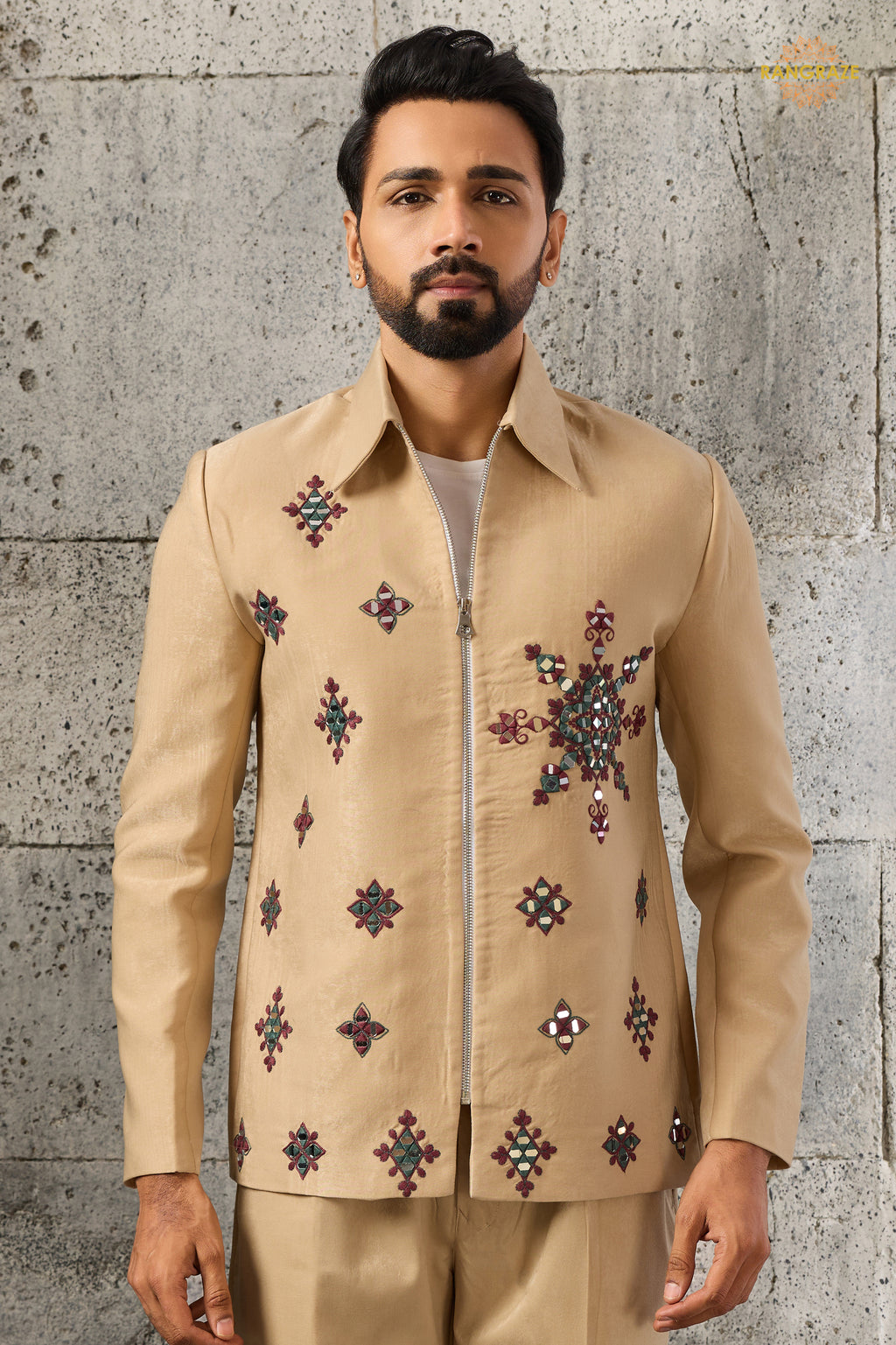 Beige Embroidered Velvet Men Jacket and Pant Set with Mirror Work