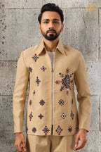 Beige Embroidered Velvet Men Jacket and Pant Set with Mirror Work