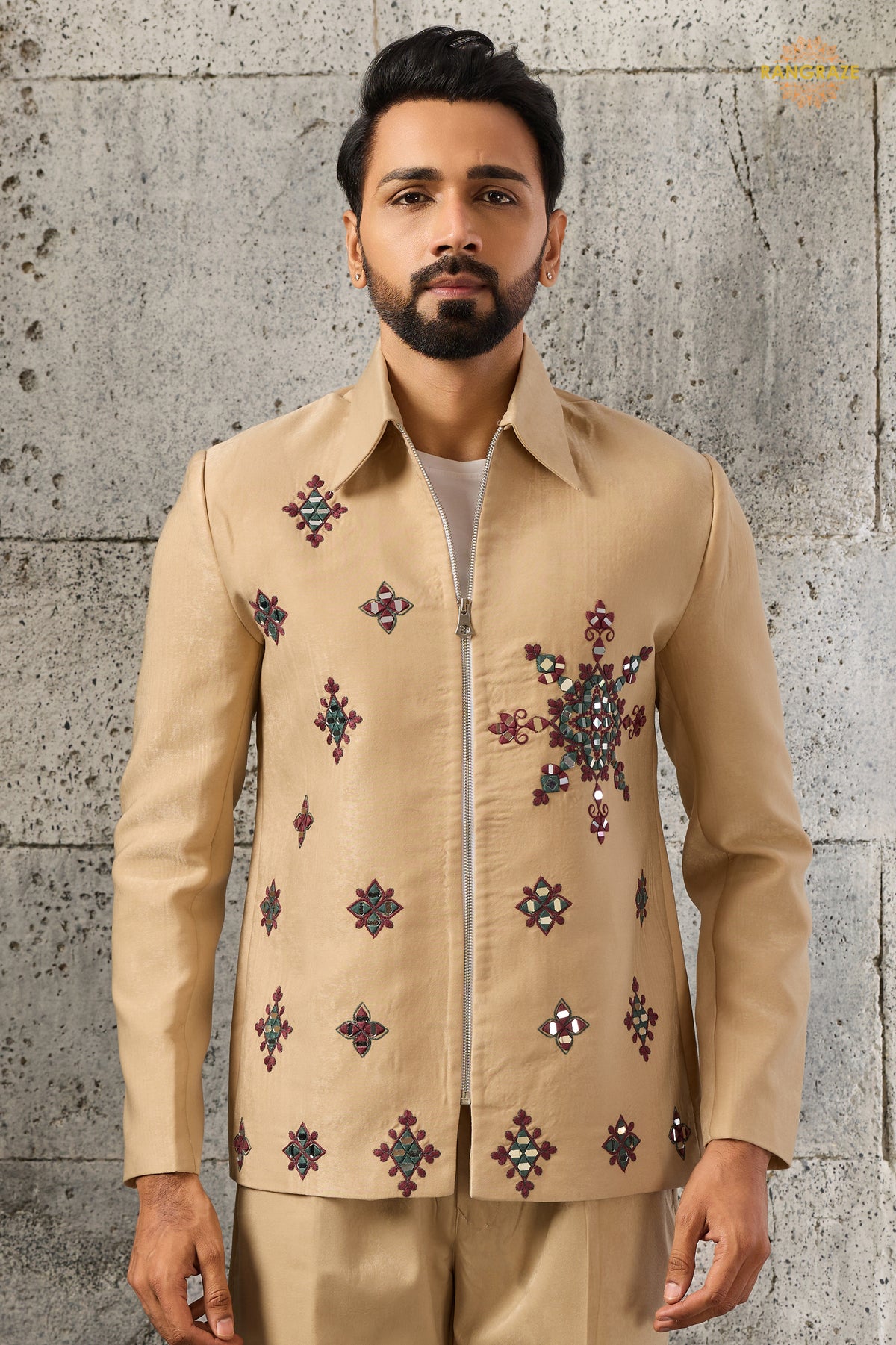 Beige Embroidered Velvet Men Jacket and Pant Set with Mirror Work