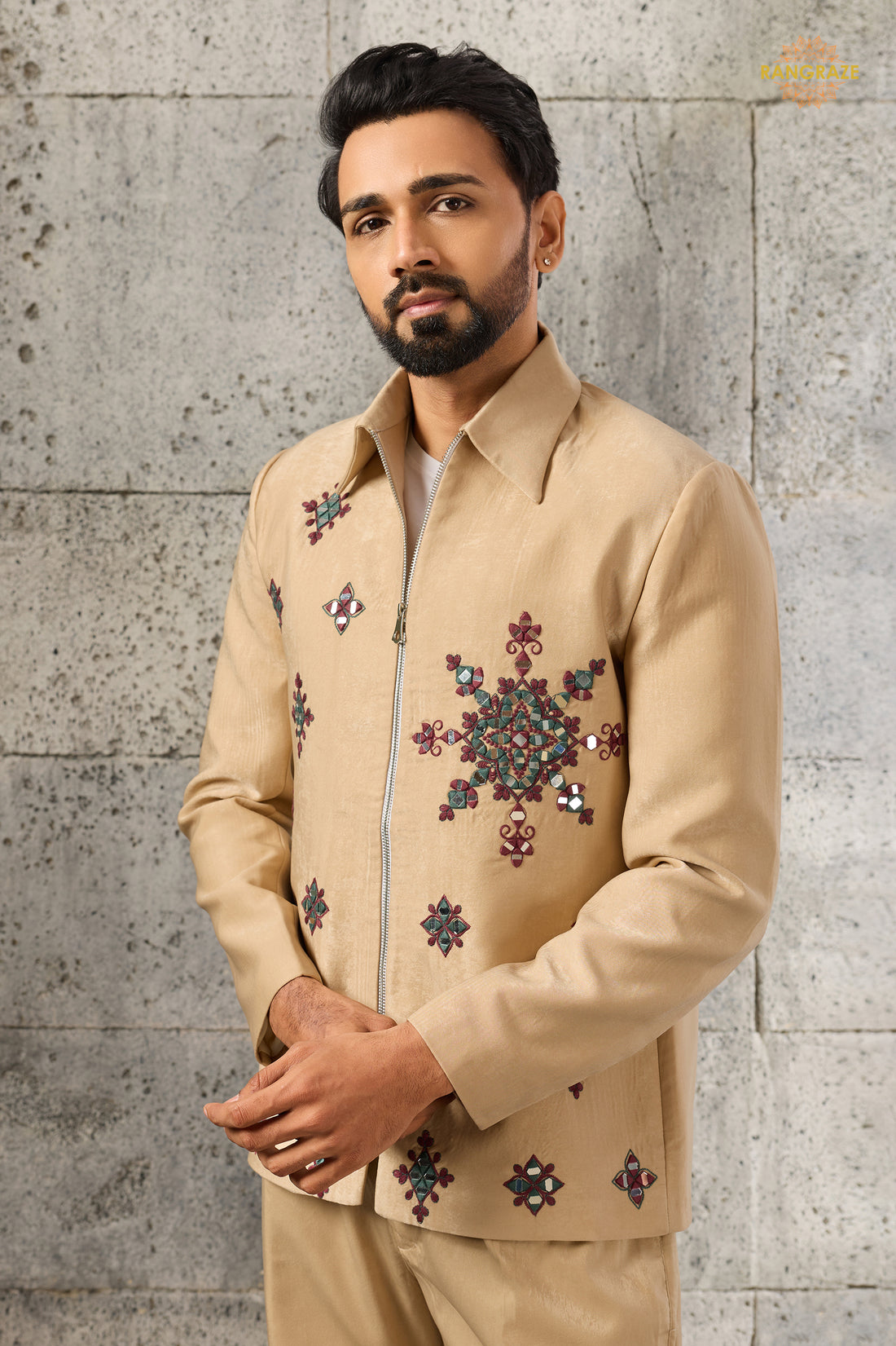 Beige Embroidered Velvet Men Jacket and Pant Set with Mirror Work