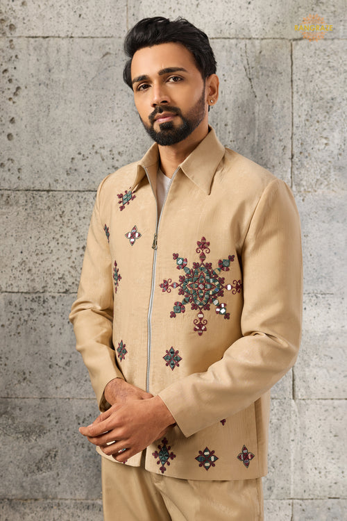 Beige Embroidered Velvet Men Jacket and Pant Set with Mirror Work