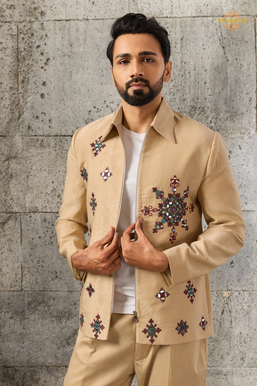 Beige Embroidered Velvet Men Jacket and Pant Set with Mirror Work