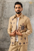 Beige Embroidered Velvet Men Jacket and Pant Set with Mirror Work