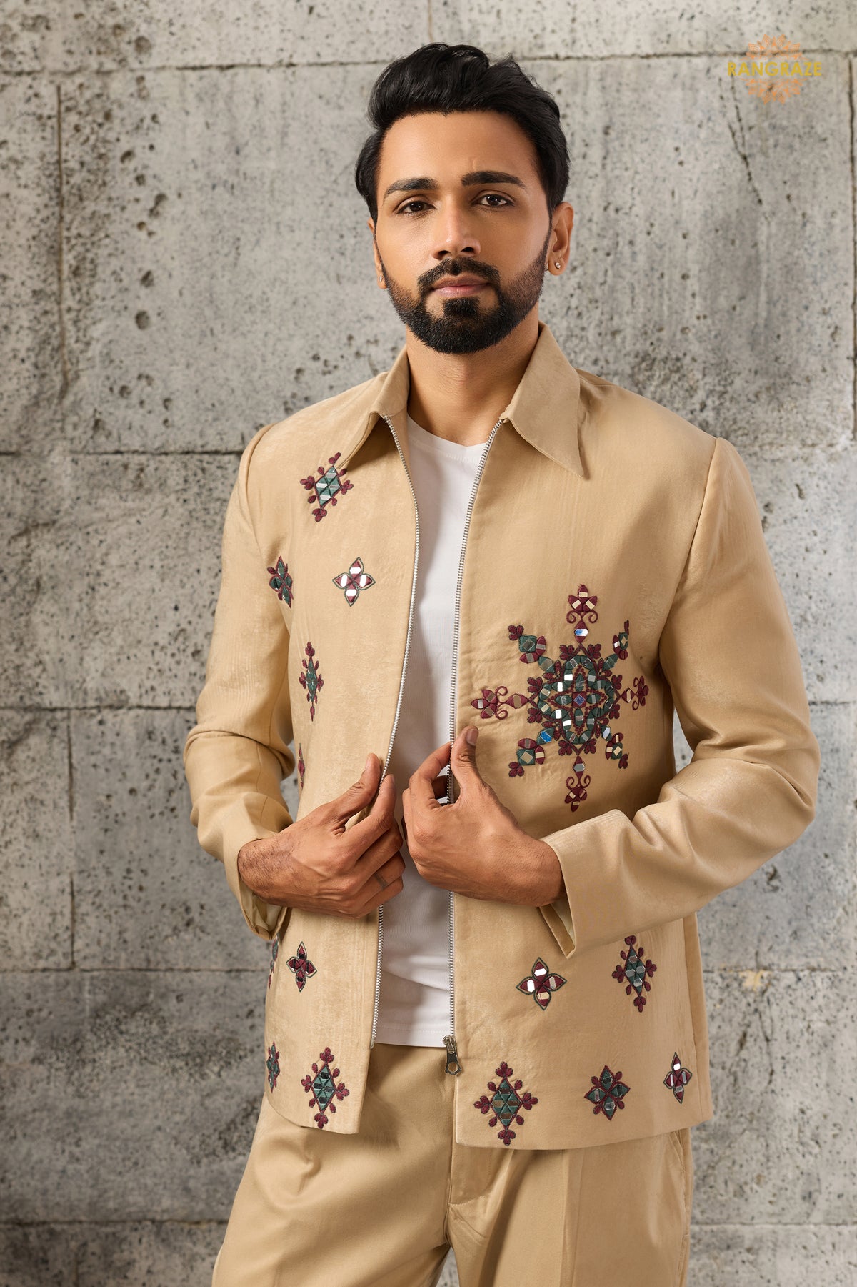 Beige Embroidered Velvet Men Jacket and Pant Set with Mirror Work