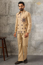 Beige Embroidered Velvet Men Jacket and Pant Set with Mirror Work