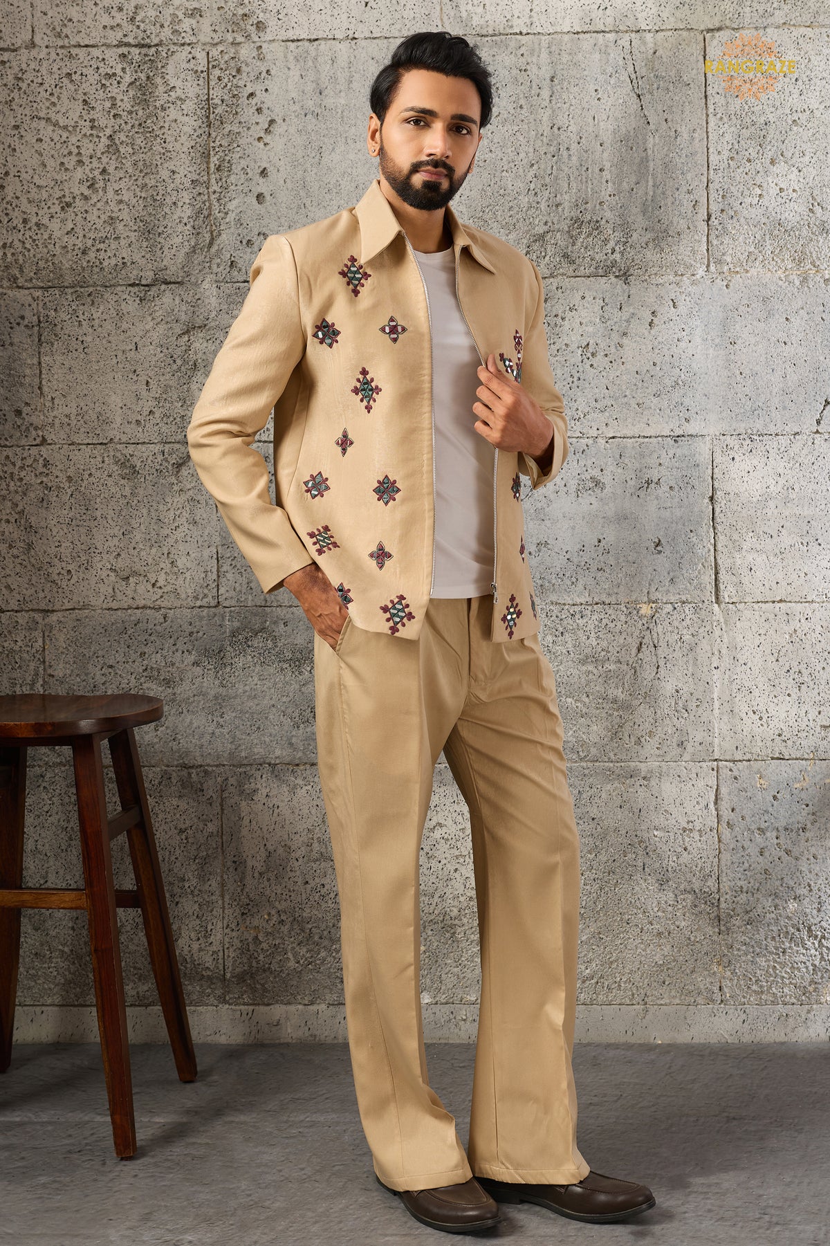 Beige Embroidered Velvet Men Jacket and Pant Set with Mirror Work