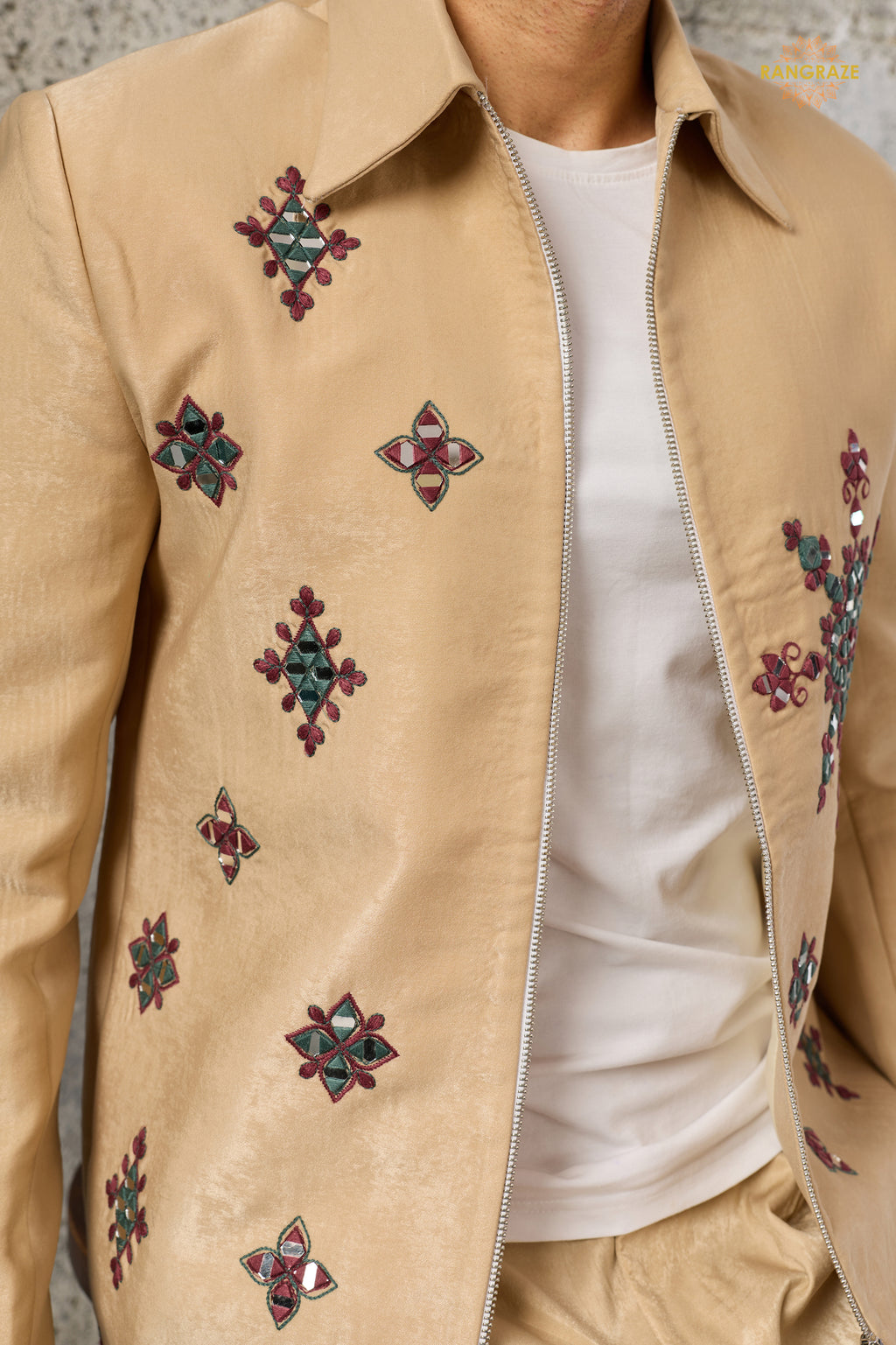 Beige Embroidered Velvet Men Jacket and Pant Set with Mirror Work
