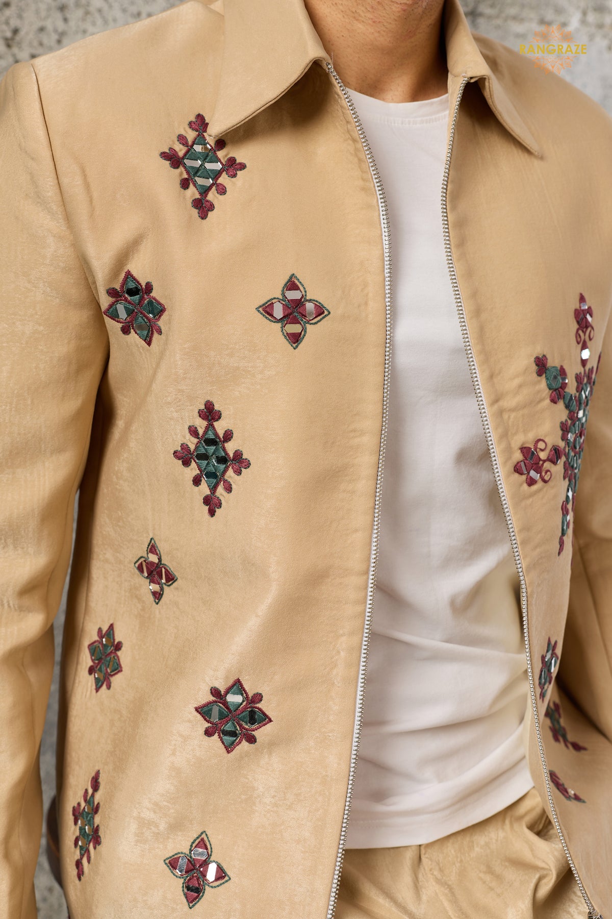 Beige Embroidered Velvet Men Jacket and Pant Set with Mirror Work