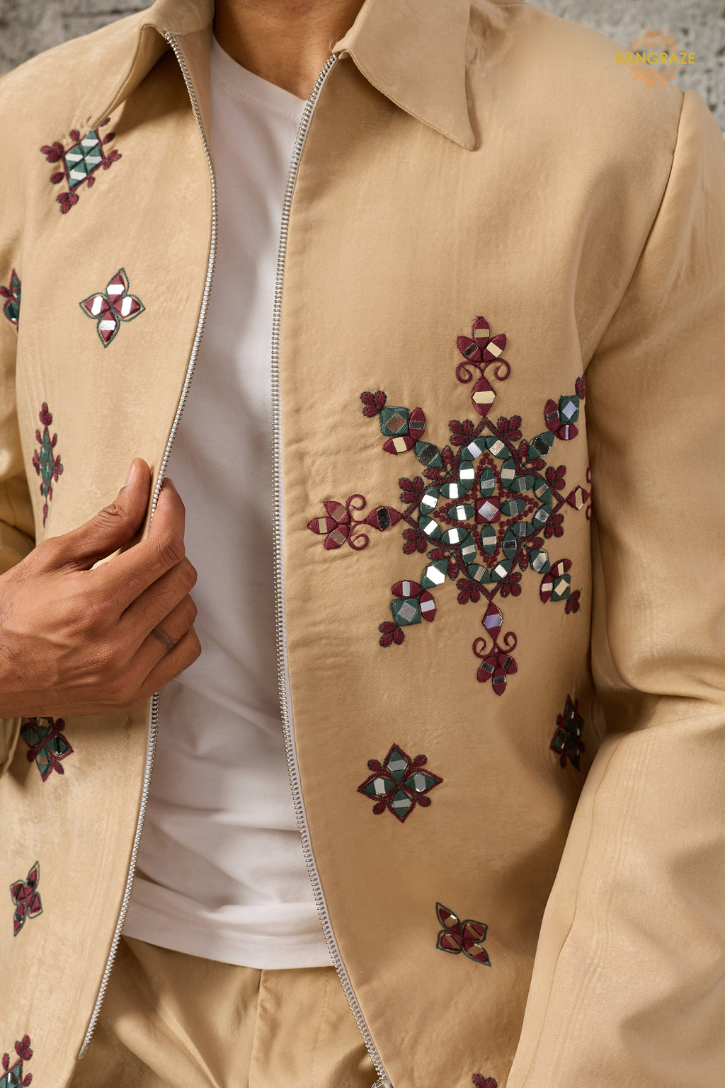 Beige Embroidered Velvet Men Jacket and Pant Set with Mirror Work