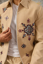 Beige Embroidered Velvet Men Jacket and Pant Set with Mirror Work
