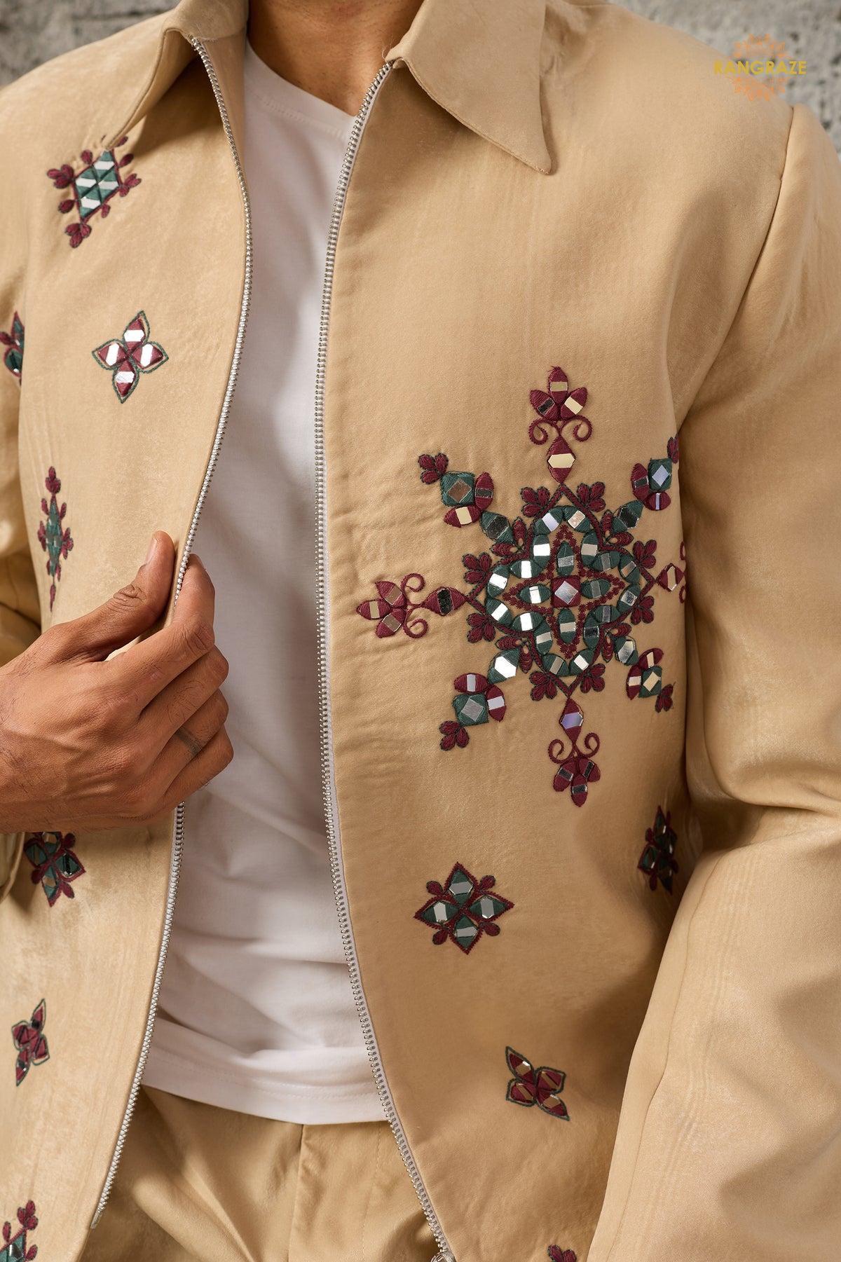 Beige Embroidered Velvet Men Jacket and Pant Set with Mirror Work