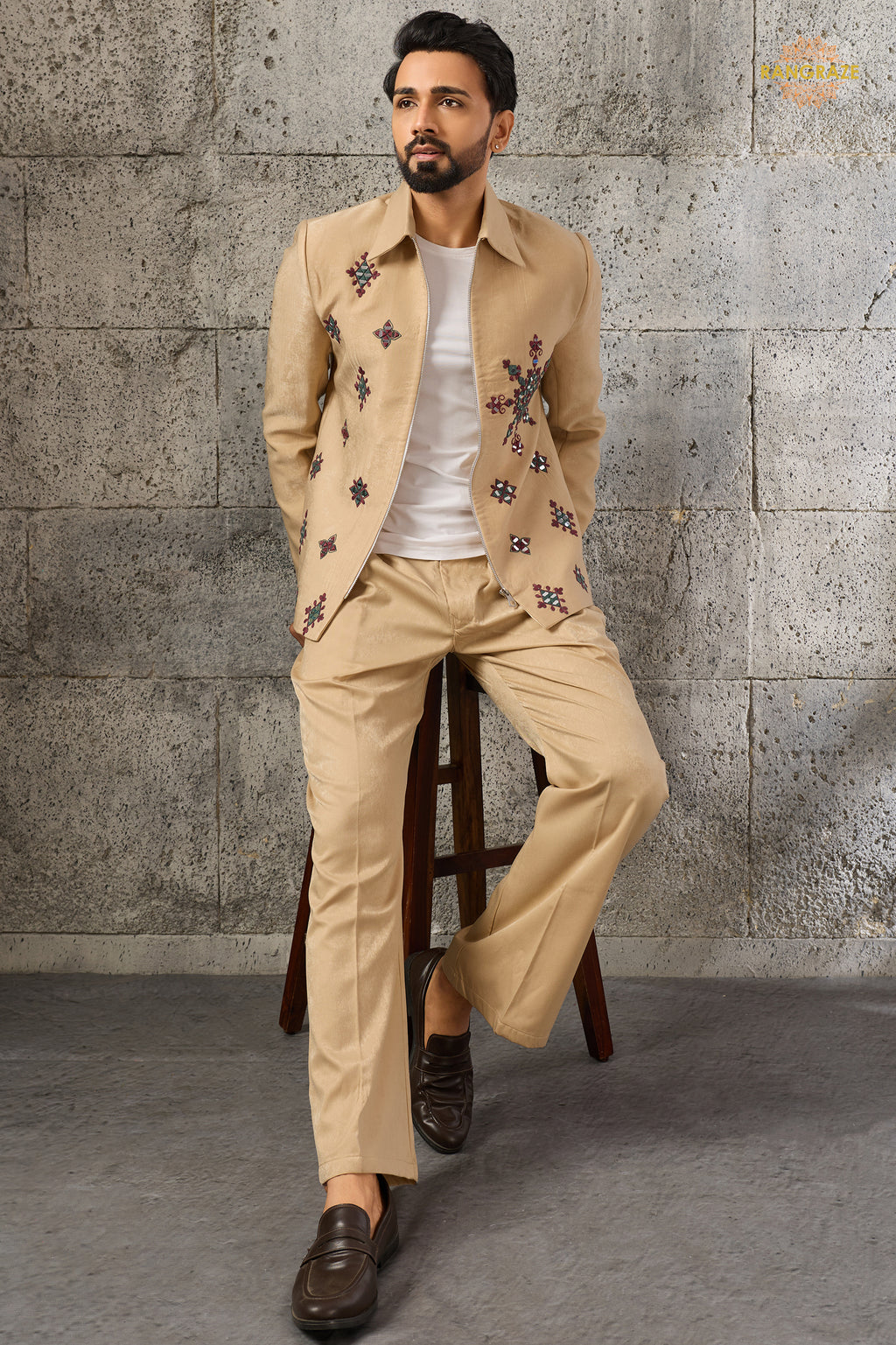 Beige Embroidered Velvet Men Jacket and Pant Set with Mirror Work